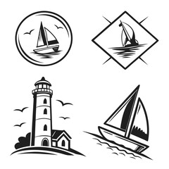 Nautical symbols with sailboats and lighthouse maritime ocean