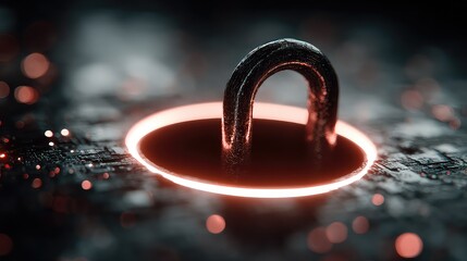 Stylized digital lock floats midair, surrounded by fragmented encryption layers and glowing rings, symbolizing cybersecurity and tiered access control in futuristic environment.