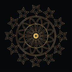 Golden star mandala with intricate geometric patterns on black background