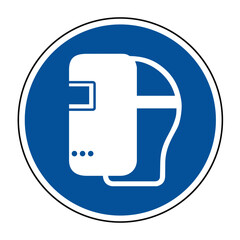 Wear a Welding Mask Sign &ndash; Mandatory Arc Protection Icon on Blue Circular Safety Symbol &ndash; High Quality Vectorial Stock Image