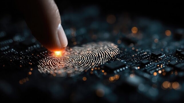 Stylized glowing fingerprint hovers above circuit board with biometric data flowing through holographic screen, secure ID verification concept in futuristic technology interface