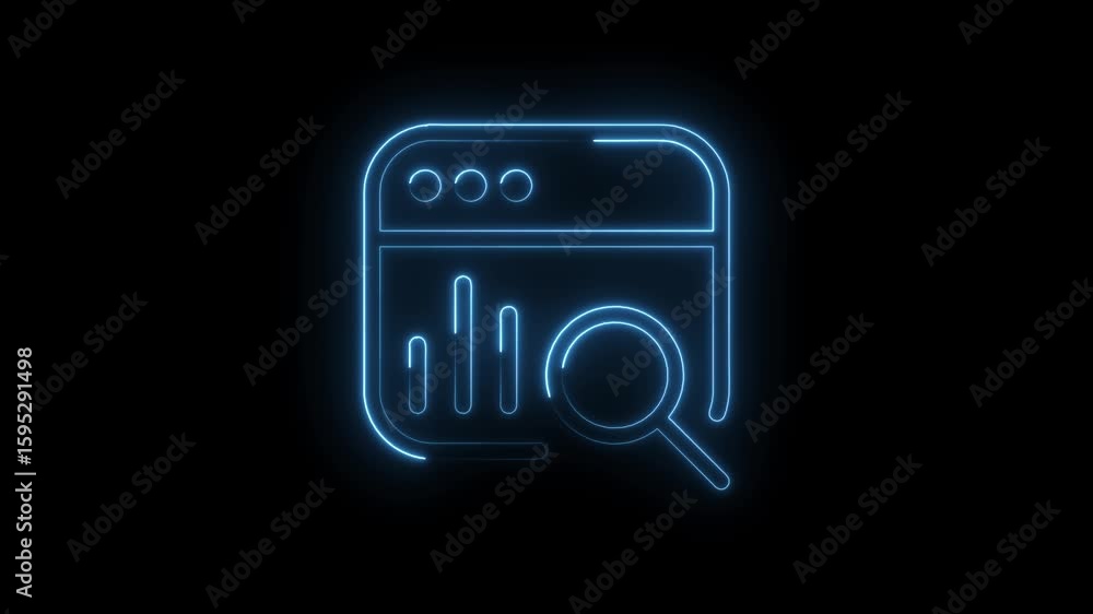 Poster glowing blue neon analytics graph icon with magnifying glass on black background representing data a