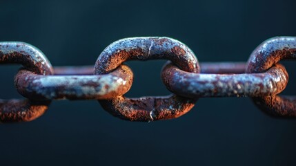 Fototapeta premium A rusted chain links with a dark background, showing signs of wear and age. The chain links are weathered and have a patina of rust and corrosion.