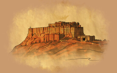 Mehrangarh fort, Rajasthan, India. Suncity  Jodhpur Artistic vintage sketch. Hand drawn watercolour postcard, poster, book illustration