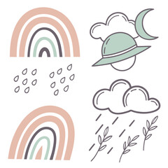 Fototapeta premium Pastel rainbows falling rain clouds moon and branches pink purple