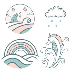 Pastel sea creatures and weather elements seahorse rainbow