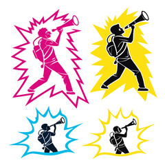 People with megaphones and abstract bursts person shouting