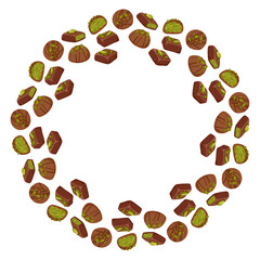 Round frame with chocolate candies filled with pistachio cream. Vector hand drawn illustration for dessert packaging, sweet and confectionery branding isolated on white with copy space