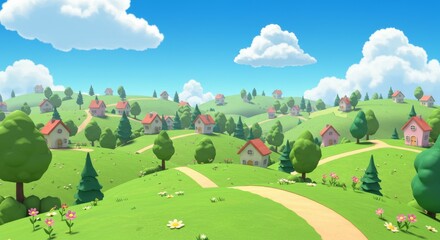 Cartoon Village Landscape with Green Hills, Trees and Blue Sky