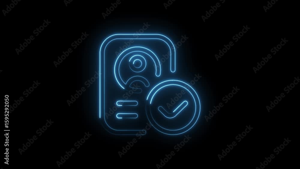 Poster glowing blue neon profile icon with checkmark symbol on transparent black background representing us