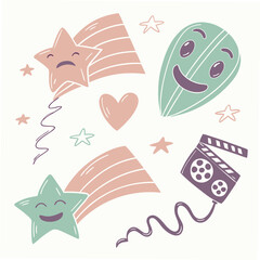 Playful cartoon stars heart and movie clapper film