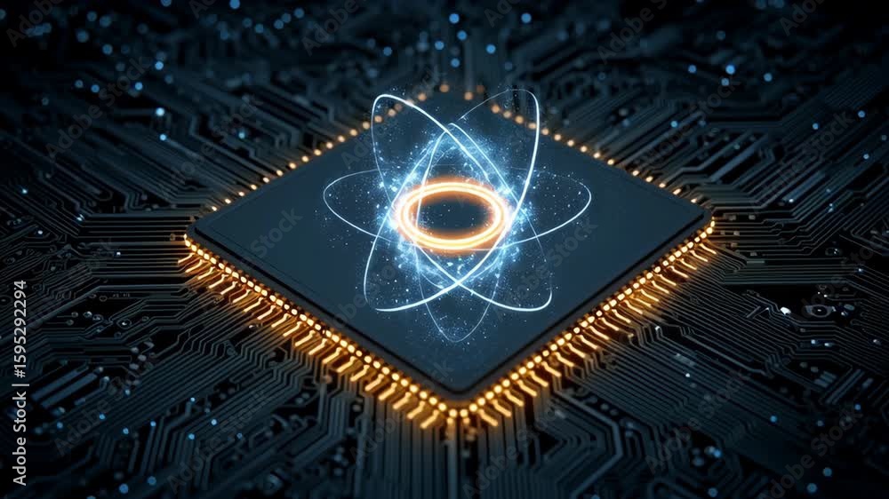 Poster futuristic quantum computer circuit board featuring glowing atom design and intricate elements, show