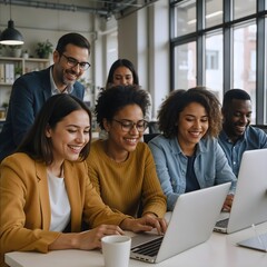 Collaborative Innovation: An engaging snapshot of a modern business environment, where a diverse group of professionals converge around laptops, fostering an atmosphere of teamwork, innovation.