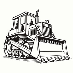 Powerful bulldozer construction vehicle black and white illustration heavy machinery