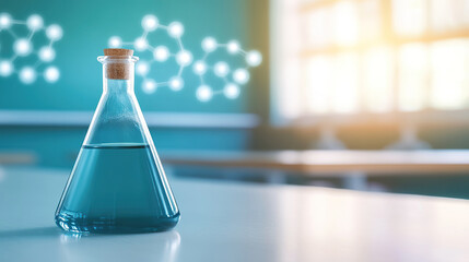 Laboratory flask with blue liquid in classroom setting with molecular model