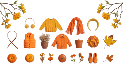 Autumnal Children's Fashion Flatlay: Orange & Yellow Hues, Cozy Knitwear, and Seasonal Accents.