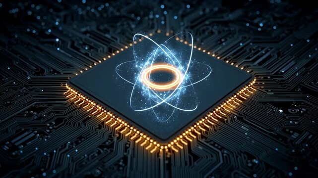 Futuristic quantum computer circuit board featuring glowing atom design and intricate elements, showcasing advanced technology and innovation