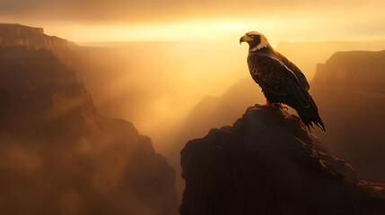Fototapeta premium A regal eagle perched on a cliff, overlooking a vast canyon.