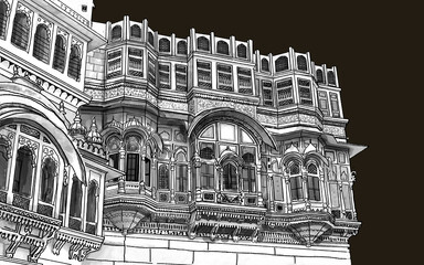 facade sketch, Rajasthan, India. blue City  Jodhpur Artistic sketch. Hand drawn black and white