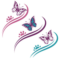 Purple teal butterflies paw prints flowing lines butterfly