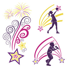 Purple yellow abstract swirls and starbursts with silhouettes of athletes and singer