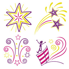 Purple yellow starbursts and celebratory figures stars celebration