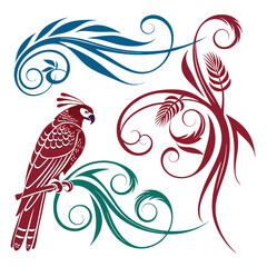 Red bird perched on branch with swirling floral elements vector