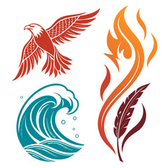 Red eagle flying over teal wave with orange flame and feather bird flight