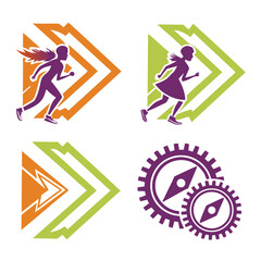 Running figures and compass gears people silhouettes