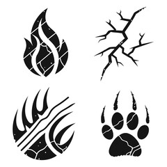 Rough textured flame claw crack and paw print icons fire broken