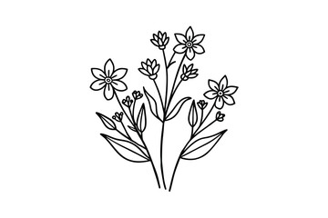 Elegant floral illustration featuring a bouquet of stylized flowers and leaves in a simple clean black outline style perfect for minimalist designs and creative projects