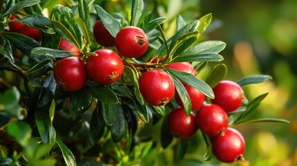 Obraz premium A close-up of a red and a green lingonberry on a branch, with a blurred green background, suggesting a natural setting.
