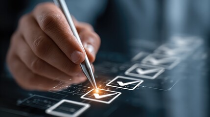 Stylus interacts with floating checklist in augmented workspace, representing futuristic approval process, efficient task validation, and seamless productivity in hybrid offices.