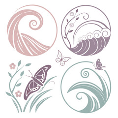 Obraz premium Soft pastel abstract floral and wave motifs with butterflies background beautiful