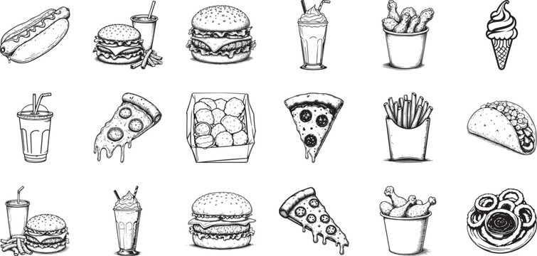 Fast Food Feast: A hand-drawn collection of iconic fast food items, perfect for illustrating a variety of food-related themes. 