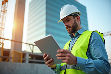 Engineer foreman using digital tablet at construction site, workplace technology and safety concept