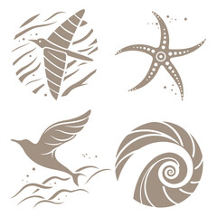 Stylized beach icons with birds starfish and shell ocean nature