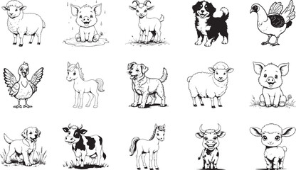 Farm Animal Illustrations: A delightful collection of meticulously crafted illustrations showcasing a variety of charming farm animals, rendered in a clean, black-and-white style.