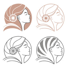 Stylized female profiles with circular hair ornaments woman head