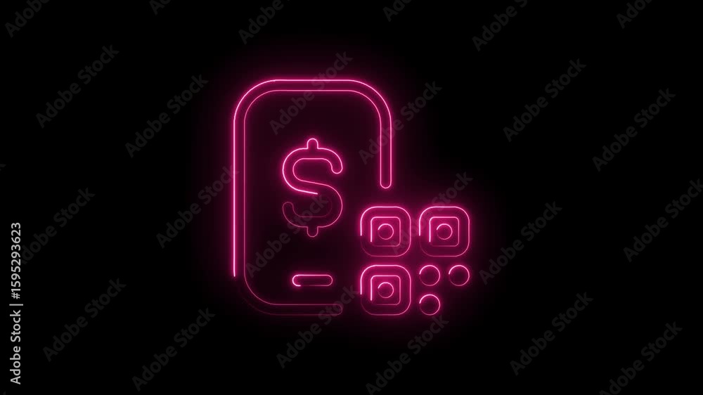 Poster glowing neon dollar sign symbol on smartphone screen with q r code elements isolated on black backgr