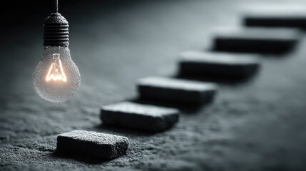 Suspended light bulb over step-by-step staircase graphic symbolizes emerging strategy from idea to implementation.