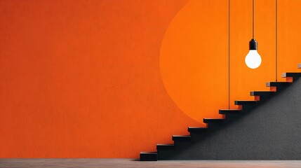 Suspended light bulb over step-by-step staircase graphic symbolizes emerging strategy from idea to implementation.