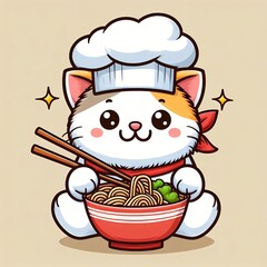 Cute cat chef cooking ramen noodle with chopstick cartoon vector icon illustration