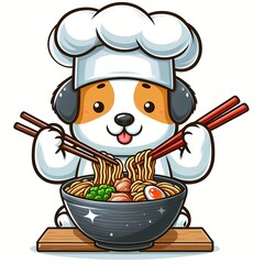 Cute dog chef cooking ramen noodle with chopstick cartoon vector icon illustration