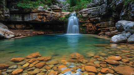 Serene Waterfall cascading into a crystal-clear pool surrounded by rocks