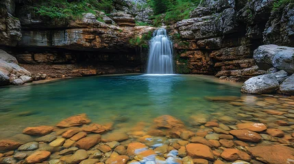 Foto auf Acrylglas Hotel Serene Waterfall cascading into a crystal-clear pool surrounded by rocks  © YessyIzzatun