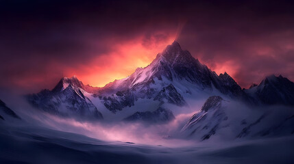 A remote, snow-covered mountain range rising sharply against the horizon, with the sun dipping below the peaks, casting soft pink and orange hues over the snow.
