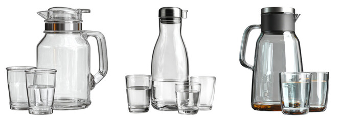 Set of Glass Pitchers and Tumblers with Transparent Background