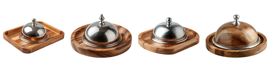 Elegant Bell Service Domes on Wooden Trays with Transparent Background