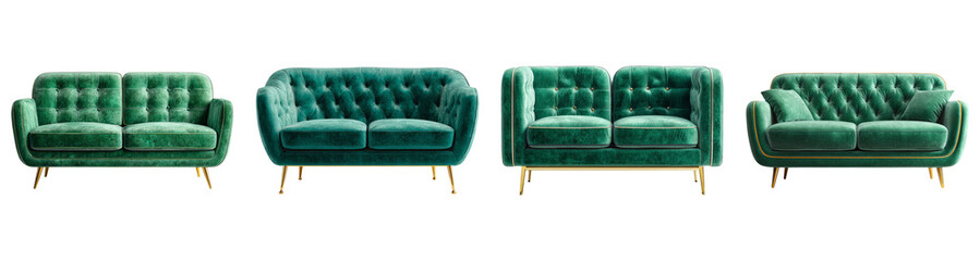 Five Stylish Velvet Sofas with Transparent Background for Design Use